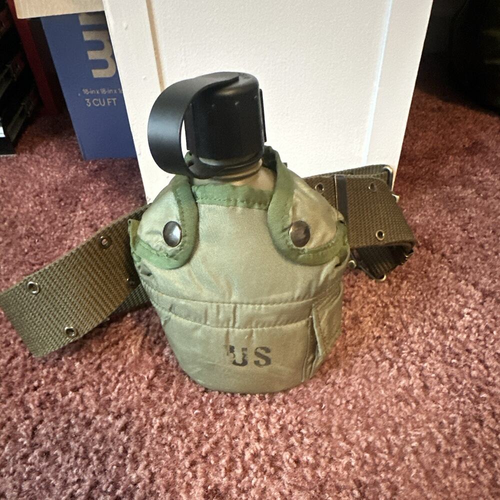 Vintage US Military Surplus Water Canteen w/ Cover & Web Belt